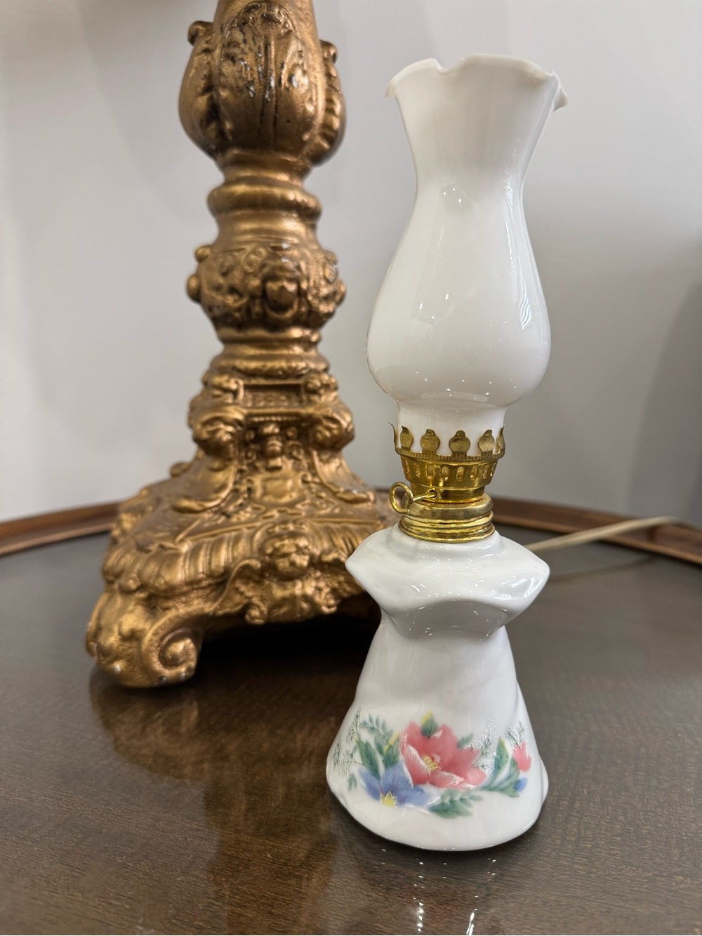 Porcelain Floral Mini Table Lamp - White with Pink & Blue Flowers